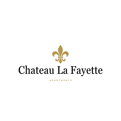 A gold fleur de lis symbol is centered on a black background with the word "apartments" below it.